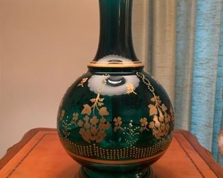 Green Glass Lamps with Hand Painted Gilt Accents