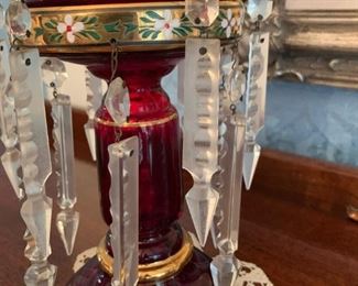 PAIR - Ruby Red Decorated Mantle Lusters with Prisms and Hand Painted Enamel