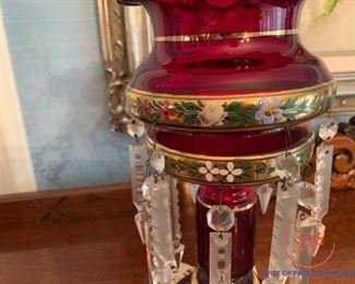PAIR - Ruby Red Decorated Mantle Lusters with Prisms and Hand Painted Enamel