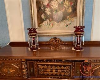 PAIR - Ruby Red Decorated Mantle Lusters with Prisms and Hand Painted Enamel