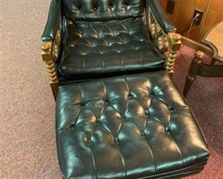Vintage 70's Style Black Faux Leather Chair and Ottoman