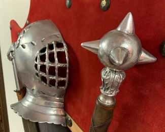 Medieval Vintage Gothic Wall Art - Helmet and Weapons Mounted on Shield Display