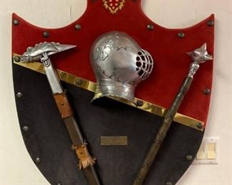 Medieval Vintage Gothic Wall Art - Helmet and Weapons Mounted on Shield Display