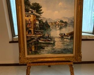 Original Oil on Canvas Riviera Scene by PAUL ELBERGO in Carved Gilt Frame