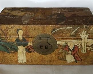 ANTIQUE ASIAN HAND SEWN PARCHMENT CHEST DEPICTING HAND PAINTED TREES AND FIGURES 
