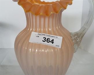 BEAUTIFUL PEACH FLUTED OPALESCENT ART GLASS PITCHER WITH APPLIED HANDLE