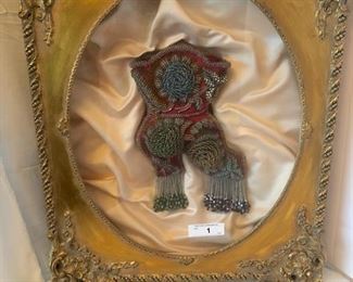 GOLD FRAMED SHADOW BOX WITH AMERICAN INDIAN BEADED VICTORIAN SHOE PILLOW