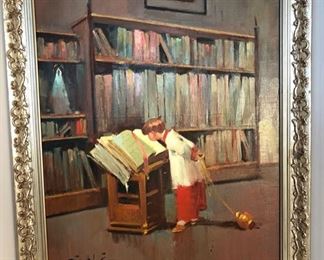 ALTAR BOY IN LIBRARY BY G. LERIN, OIL ON CANVAS