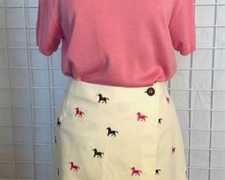 LILLY PULITZER CORDUROY WRAP SKIRT WITH
EMBROIDERED PINK AND NAVY HORSES AND DRAPER'S & DAMON'S SILK SHORT SLEEVE TOP