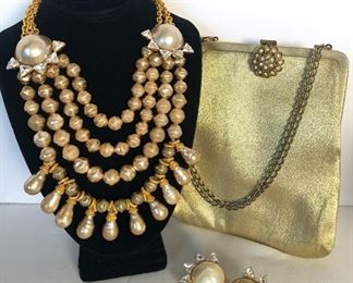 PHILLIPPE FERRANDIS, PARIS GOLD AND MOCHA PEARL BIB NECKLACE  AND CLIP ON EARRINGS 