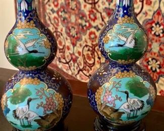 HALF OFF!  $150.00 now, was $300.00......Pair Cloisonne Vases with Cranes 7 1/2" tall ($125.00)