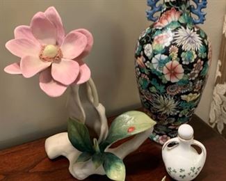 HALF OFF!  $10.00 now, was $20.00 for all........Royal Tara Bottle, Porcelain Flower as is and Oriental Vase, vase 9 1/2" tall, Royal Tara 3" tall