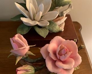 CLEARANCE !  $15.00 now, was $50.00........2 Porcelain Flowers, Rose has one chip in leaf, can't locate any other damage appox 8" long, 6" tall and 4" tall
