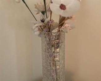 $65.00........Czech Bohemian Cut Crystal Vase and 10 Shell Flowers, Vase is 12" tall