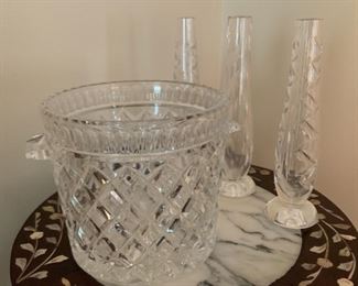 CLEARANCE ! $15.00 now, was $45.00 for all........Crystal Ice Bucket and 3 Crystal Vases Lot, ice bucket 5" tall, vases 7"
