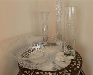 CLEARANCE !  $15.00 now, was $40.00 for all........Crystal Bowl and 3 Vases Lot, Bowl 9" diameter, Tallest Vase 10"