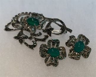 HALF OFF!  $40.00 now, was $80.00........Vintage Set Marcasite & Green Cabochons marked "Silver" 20.3 grams