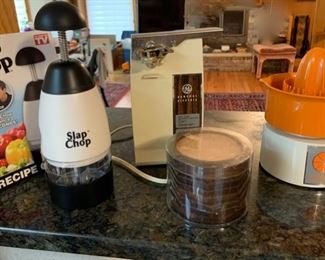 CLEARANCE  $5.00 now, was $12.00........Slap Chop, Can Opener, Coasters and Juicer Lot