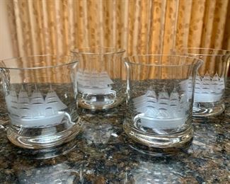 HALF OFF! $16.00 now, was $32.00........Set of 5 Etched Sailboat Lowball Glasses 