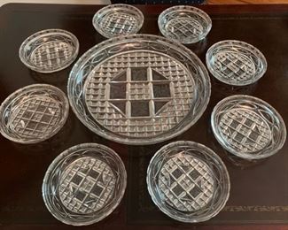 CLEARANCE !   $50.00 now, was $125.00......Beautiful Heavy Crystal Cake Plate Platter and 8 Serving Dishes/Bowls, Very good quality