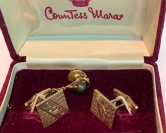 REDUCED!  $300.00........$400.00......14 KT Monogramed Cuff Links and Tie Tack with Black Pearl Over 16 grams