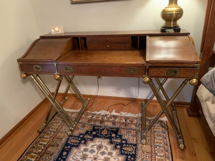 CLEARANCE!   $600.00 now, was $1,800.00........Vintage Drexel Campaign Desk with Gilt X-Base Legs and Low Roll Top 