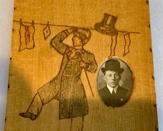 HALF OFF! $10.00 now, was $20.00........Antique Burnt Wood Postcard with Photo Insert Man and Top Hat
