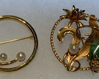 $24.00........Vintage Brooches, One unmarked with Jade Stone, the other with 3 pearls marked Monet