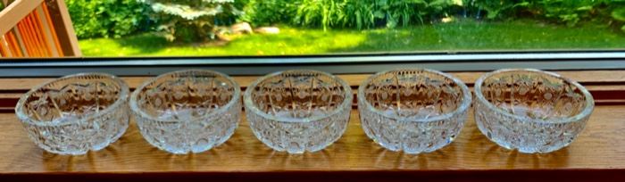 HALF OFF! $25.00  now, was $50.00......Set of 5 Bohemian Crystal Bowls, Queens Lace Czech Cut Crystal  5" Diameter  (QUEEN LACE LOT 10)