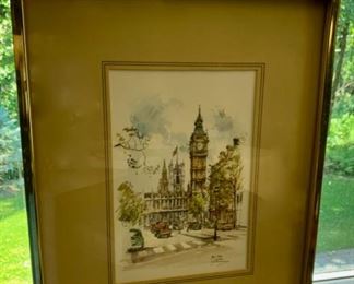$30.00......Jan Korthals Watercolor Print Big Ben, Framed 21" x 17"   (Print N)