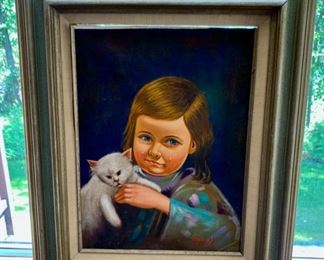 CLEARANCE  $50.00 now, was $150.00......Vibrant Oil on Canvas Painting with Young Girl and Her Cat, Framed 19 1/2" x 23 1/2" , Signed Bolin (PLL)