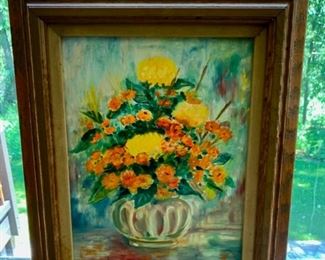 HALF OFF!  $75.00 now, was $150.00......Darling Oil on Canvas Floral Painting,  Framed 17" x 21 1/2"  Signature unreadable (PLJ)