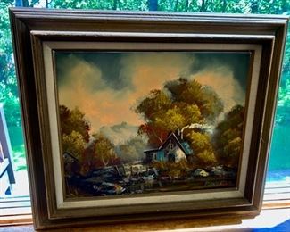 HALF OFF!  $75.00 now, was $150.00......Pretty Oil on Canvas Barn & Trees Painting, framed 27" x 23 1/2", signed P. Robertson (PLD)