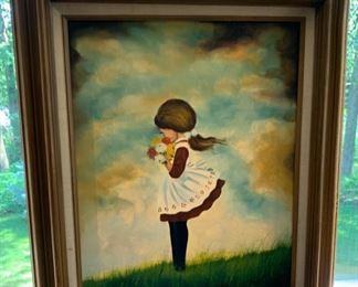 CLEARANCE  $50.00 now, was $125.00......Adorable Young Girl/Child in the Wind Oil on Canvas Painting, Framed 23" x 27" (PLE)