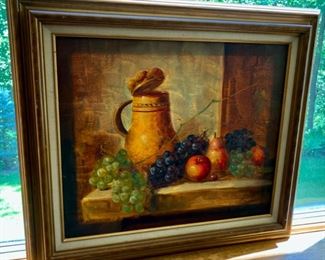 HALF OFF! $100.00 now, was $200.00......Pretty Oil on Canvas Fruit and Jug Painting, Framed 31" x 27", signed Norma Brown (PLC)