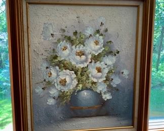 HALF OFF!   $75.00 now, was $150.00......Lovely Oil on Canvas Floral Painting, Framed 27 1/2" x 31" Signed Cinacolo sp? (PLB)