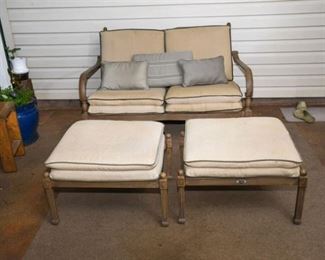 79. Hampton Bay Outdoor Bench and Two Ottomans