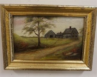 1009	SMALL OIL ON BOARD LANDSCAPE ATTRIBUTED TO WINIFRED GETCHELL CIRCA 1910, A MAINE FARMSTEAD, IMAGE 8 IN X 5 1/2 IN
