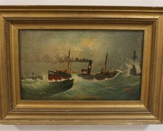 1012	OIL ON CANVAS SIGNED A HARWOOD, 1913 OF THE SS MARY WETHERBY, IMAGE 12 1/4 IN X 8 IN

