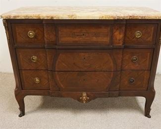 1026	INLAID 3 DRW CHEST W/ BRASS MOUNTS & A BEVELED BROWN MARBLE TOP, 45 1/4 IN W, 34 IN H 
