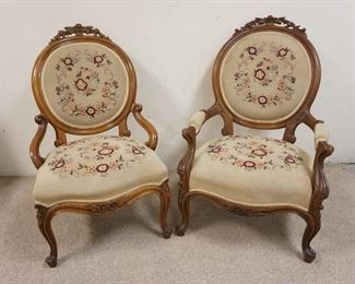 1029	TWO ROSE CARVED MEDALLION BACK CHAIRS, ARMCHAIR & SIDE CHAIR W/ MATCHING UPHOLSTERY
