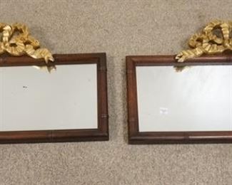 1038	PAIR OF BAKER MIRRORS IN BAMBOO TURNED FRAMES W/ GILT BOW CREST, 23 IN X 15 IN 
