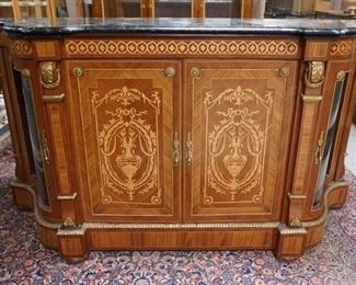 1055	INLAID GREEN MARBLE TOP SIDEBOARD WITH BRONZE MOUNTS AND SERPENTINE GLASS DOORS.
