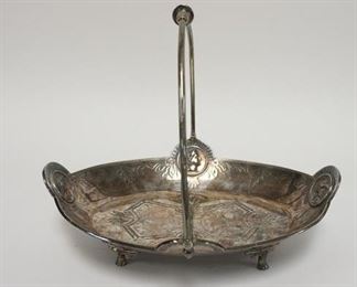 1059	VICTORIAN SILVERPLATED BASKET BY H.C REED JR. & CO NY HAS FOUR PORTRIAT MEDALIONS, 10 3/4 IN W, 9 1/4 IN H TO TOP OF HANDLE 
