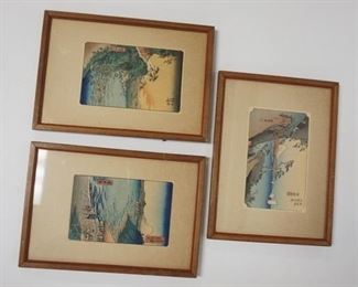 1062	THREE SMALL SIGNED JAPANESE WOODBLOCK PRINTS,  OVERALL DIMENSIONS ARE 6 1/4 IN X 9 IN 
