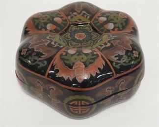 1064	ASIAN LACQUERED BOX, HEXANGONAL 9 1/2 IN ACROSS, 4 1/2 IN H 
