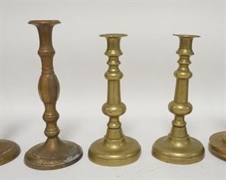 1084	FIVE BRASS CANDLE STICKS, TWO PAIRS & A SINGLE PUSH UP, TALLEST IS 10 1/4 IN
