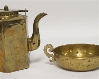 1085	HEXAGONAL TEAPOT W/ ENGRAVED DESIGN OF BIRDS & BOWL W/ 3 COINS INSERTED IN THE BASE, TEAPOT IS 7 IN H 
