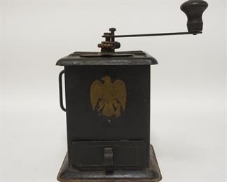 1086	TIN COFFEE GRINDER HAS LITHO OF AN AMERICAN EAGLE, 10 1/4 IN H 
