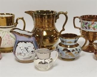 1089	8 PIECES OF LUSTERWARE COPPER & SILVER LUSTER, 7 CREAMERS & A CHALICE, TALLEST IS 5 3/4 IN 
